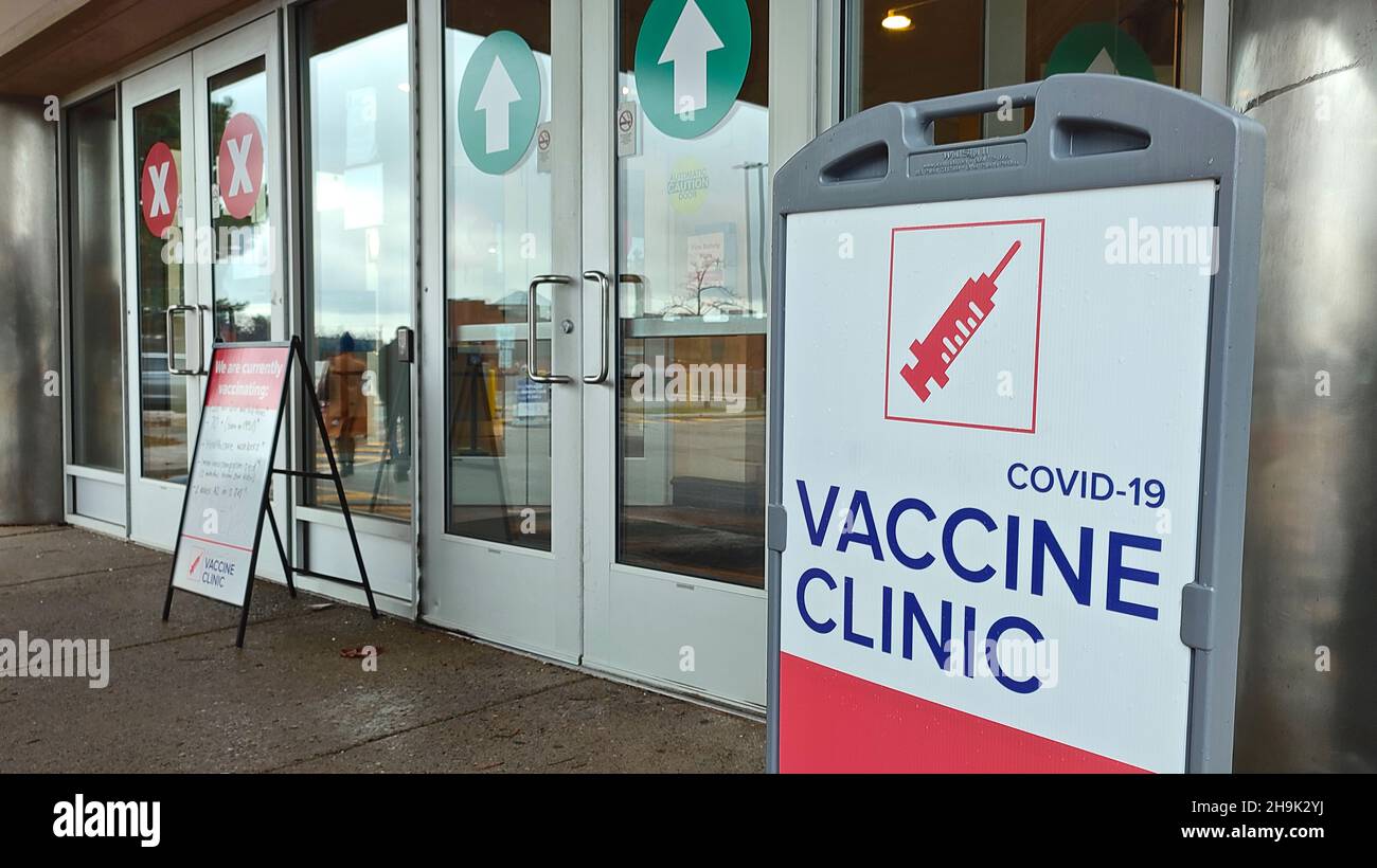 Sign of the Covid-19 Vaccine Clinic Stock Photo