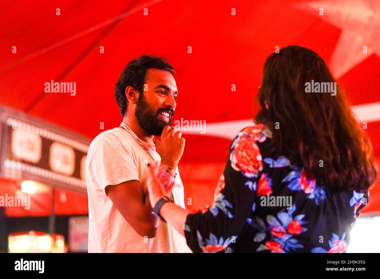 Himesh Patel, who plays Jack Malik in Yesterday, with Helen O'Hara of Empire magazine before introducing a screening of the film at Pilton Palais Cinema on Day 4 (Saturday) of the 2019 Glastonbury Festival at Worthy Farm in Somerset. Photo date: Saturday, June 29, 2019. Photo credit should read: Richard Gray/EMPICS Entertainment Stock Photo