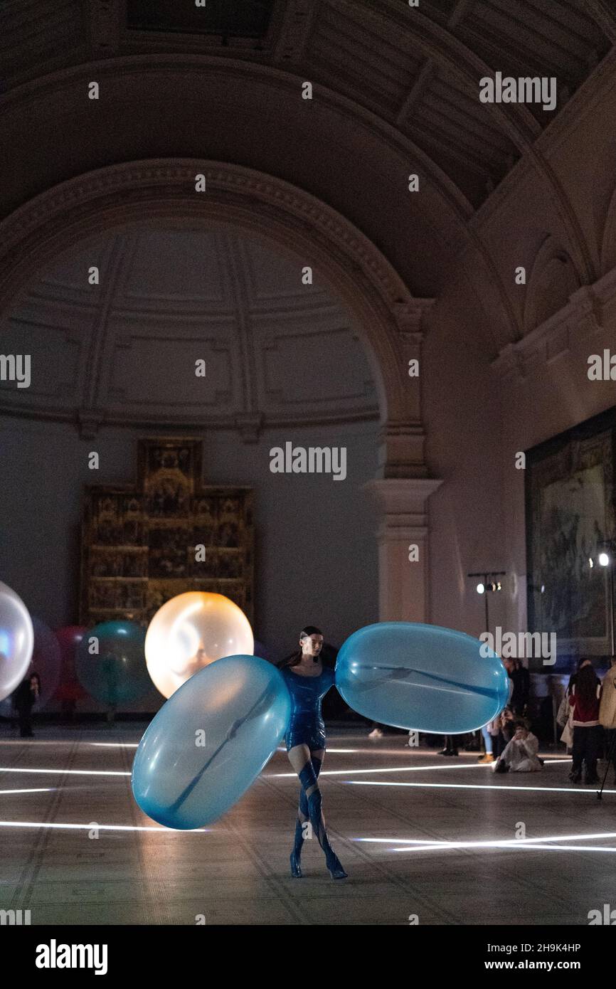 Fredrik Tjaerandsen's Fashion in Motion presentation. Presenting his otherworldly wearable 'bubbles' in the Victoria and Albert Museum's Raphael Gallery, the show builds on his graduate show Moments of Clarity. in London. Photo date: Friday, January 24, 2020. Photo credit should read: Richard Gray/EMPICS Stock Photo