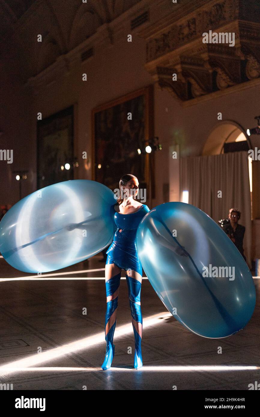 Fredrik Tjaerandsen's Fashion in Motion presentation. Presenting his otherworldly wearable 'bubbles' in the Victoria and Albert Museum's Raphael Gallery, the show builds on his graduate show Moments of Clarity. in London. Photo date: Friday, January 24, 2020. Photo credit should read: Richard Gray/EMPICS Stock Photo