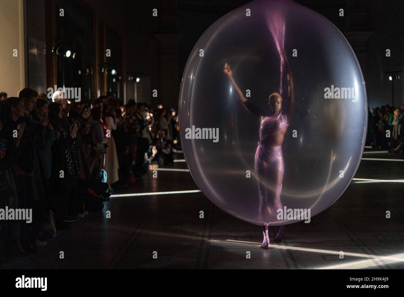 Fredrik Tjaerandsen's Fashion in Motion presentation. Presenting his otherworldly wearable 'bubbles' in the Victoria and Albert Museum's Raphael Gallery, the show builds on his graduate show Moments of Clarity. in London. Photo date: Friday, January 24, 2020. Photo credit should read: Richard Gray/EMPICS Stock Photo
