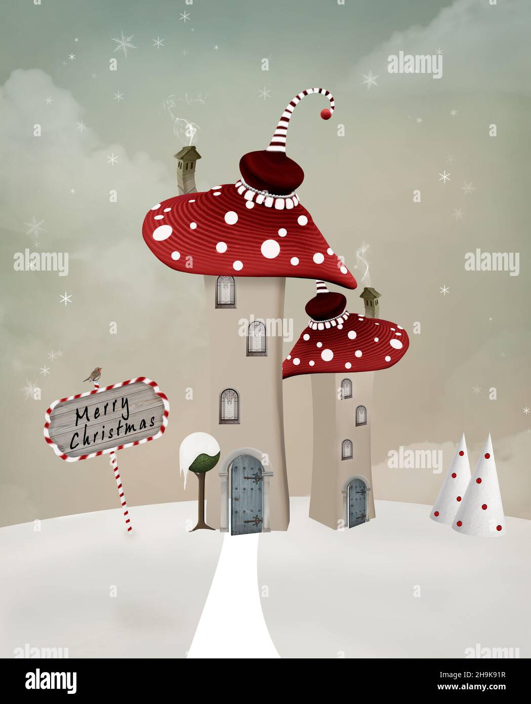 Fantasy christmas landscape with bizarre mushroom Stock Photo