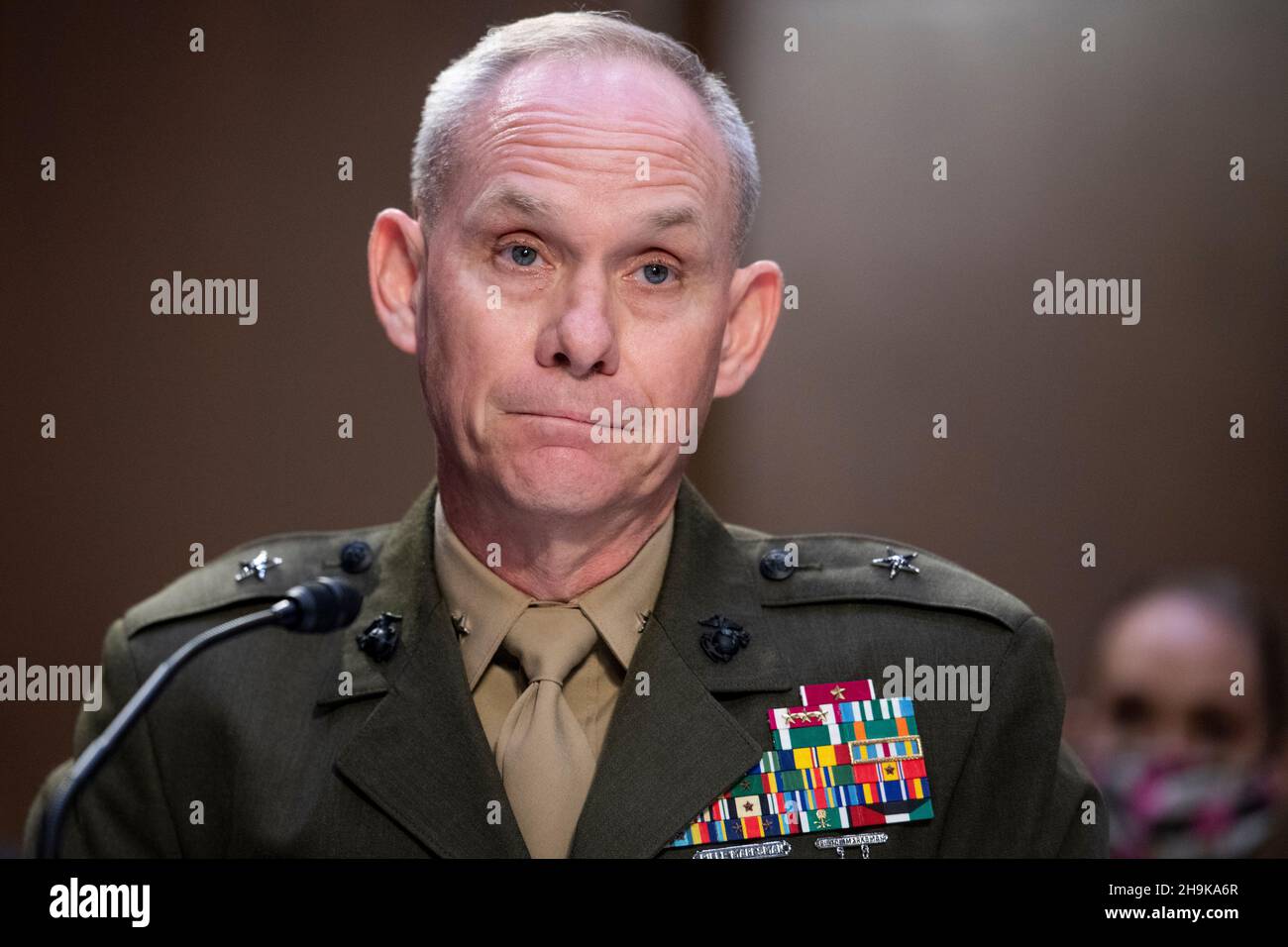 Brigadier General John Baker, Chief Defense Counsel for Military Commissions, United States Department of Defense, appears before a Senate Committee on the Judiciary hearing to examine closing Guantanamo, in the Dirksen Senate Office Building in Washington, DC, Tuesday, December 7, 2021. Credit: Rod Lamkey/CNP /MediaPunch Stock Photo