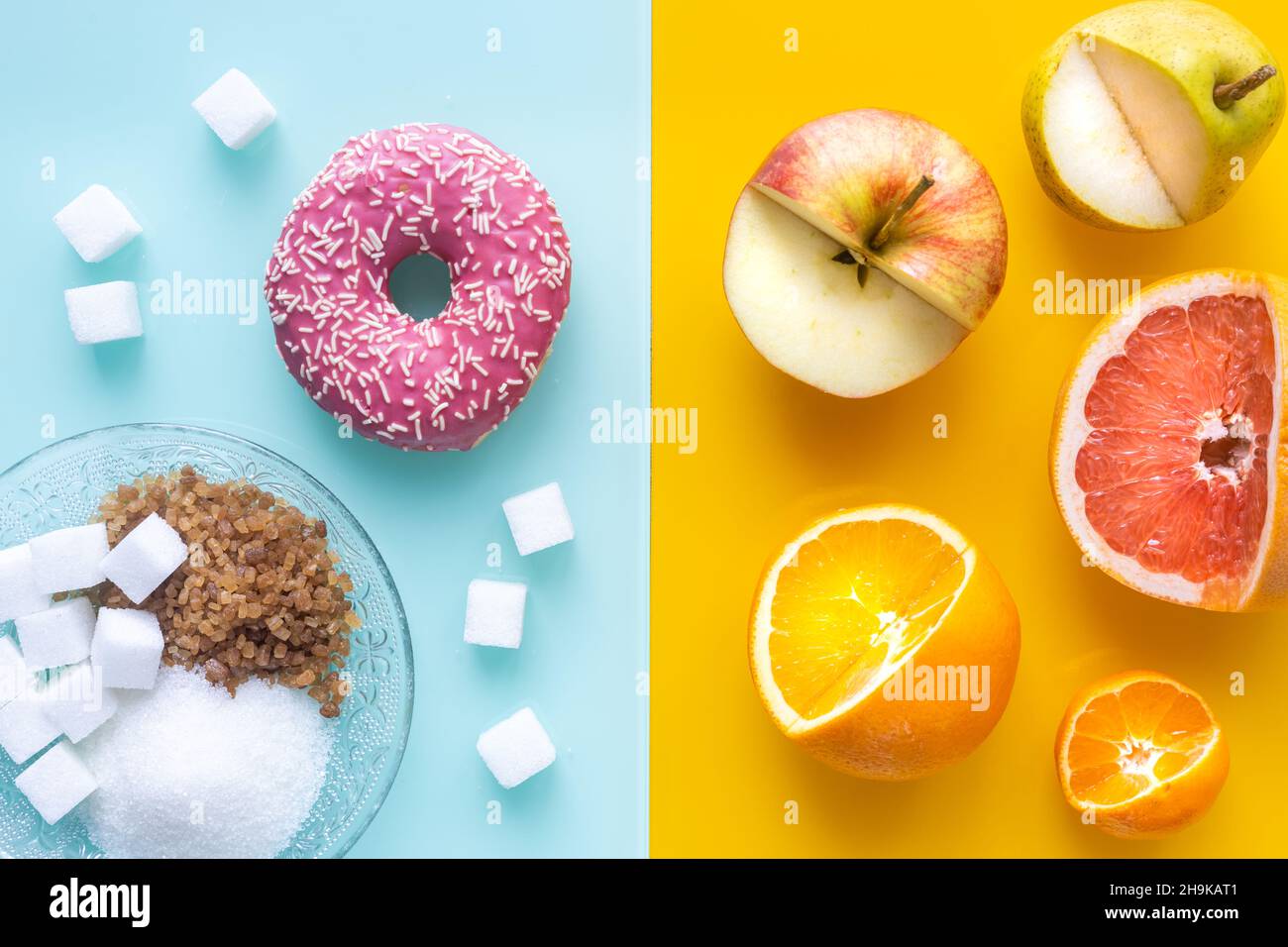 Healthy and unhealthy sugar, Yellow, pastel blue background, Juicy