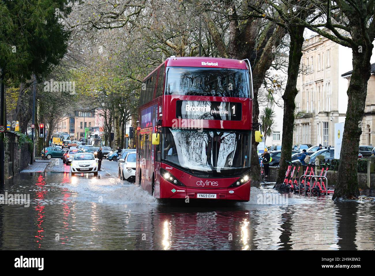 Bristol, UK. 07th Dec, 2021. Heavy Flash flooding on Whiteladies Road in Bristol in the afternoon, with lots of deep water flood water. Picture Credit: Robert Timoney/Alamy Live News Stock Photo