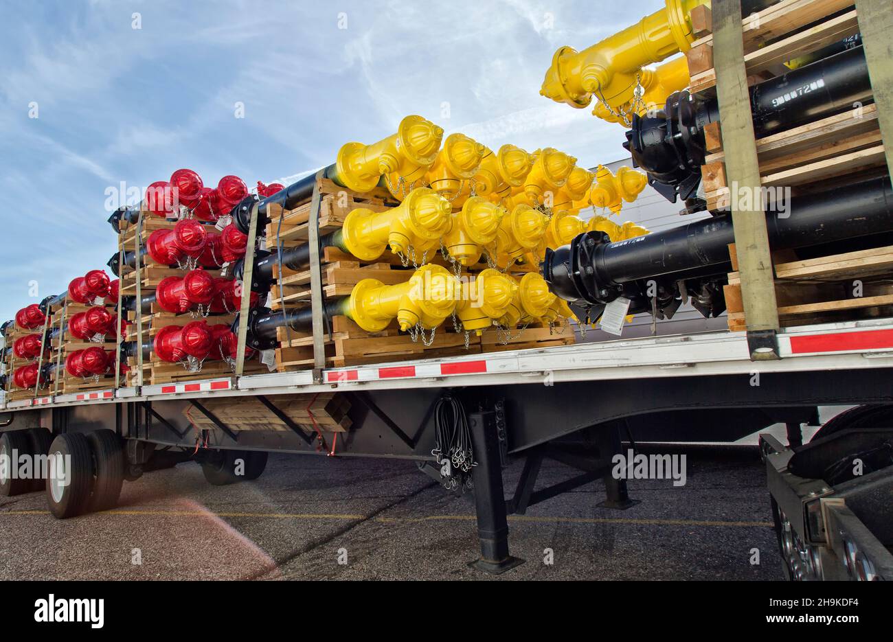 Dry barrel fire hydrants in transport. Stock Photo