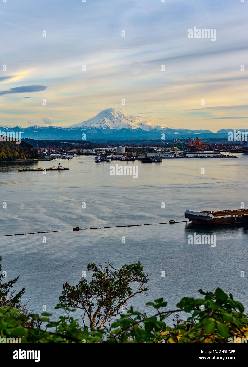 The Port of Tacoma and Mount Rainier in Washington State Stock Photo ...