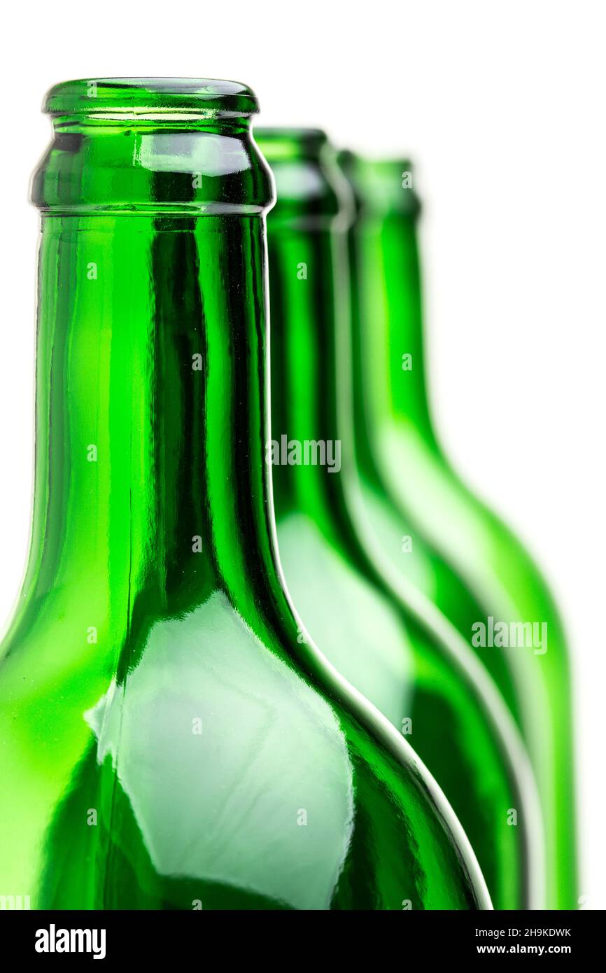 bottles, many, garbage, green, white, background, empty, glass bottle, front, some, side by side, together, detail, wine, cutout, group, standing, str Stock Photo