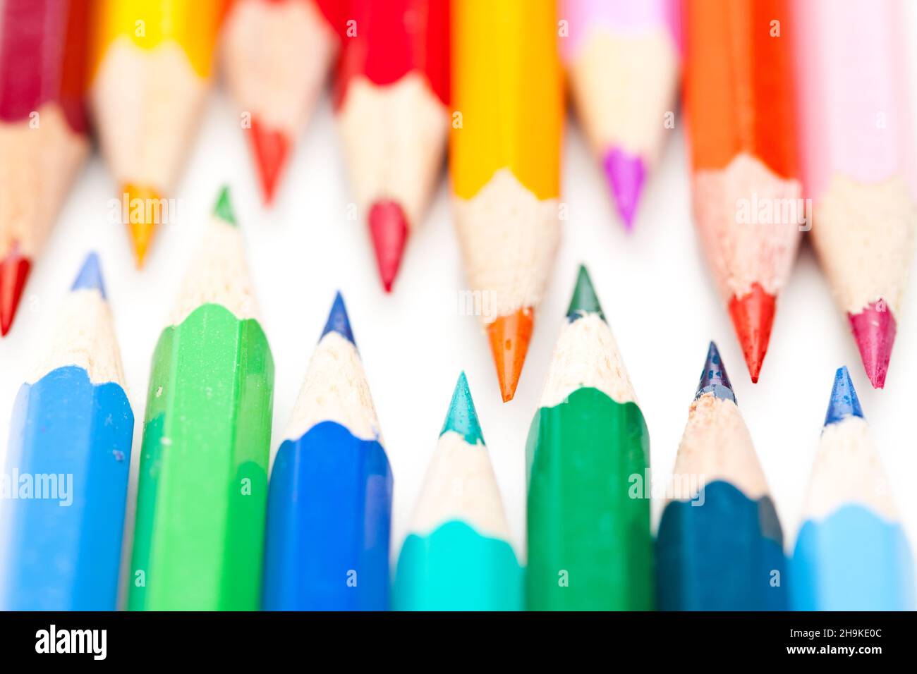 crayons, pencils, paint, straight, against each other, tip, pen cold, warm, hue, together, tips, colorful, grouper, selection, wood, many, several, a Stock Photo