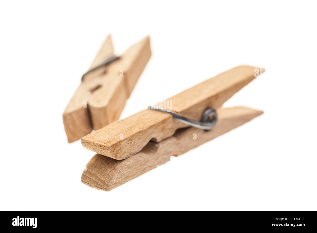 clothespin, wash, white, background, brown, wood, clip, clothes peg, old, traditional, used, lie, lying, simple, single, optional, isolated, two, plac Stock Photo