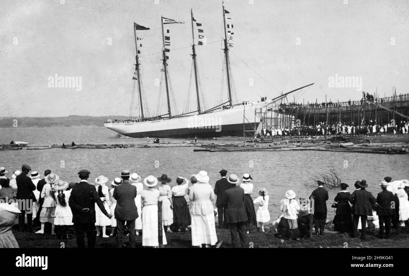 June 2018. Launch of the four-masted schooner MV Dornfontein, St John, New Brunswick, Canada. The ship was attacked  and burnt  by U-Boat U-156 in  the Bay of Fundy on 3rd  August 1918, on its maiden voyage. It was a major news event as the first ship tp be destroyed in Canadian waters during the 1914-1918 U-Boat campaign. Stock Photo