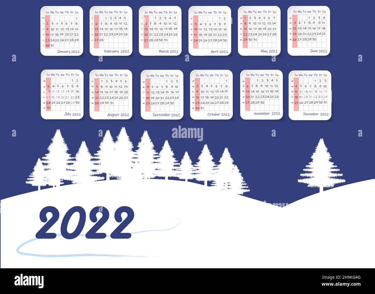 2022 table calendar with winter landscape and trees. Week starts on Sunday Stock Vector