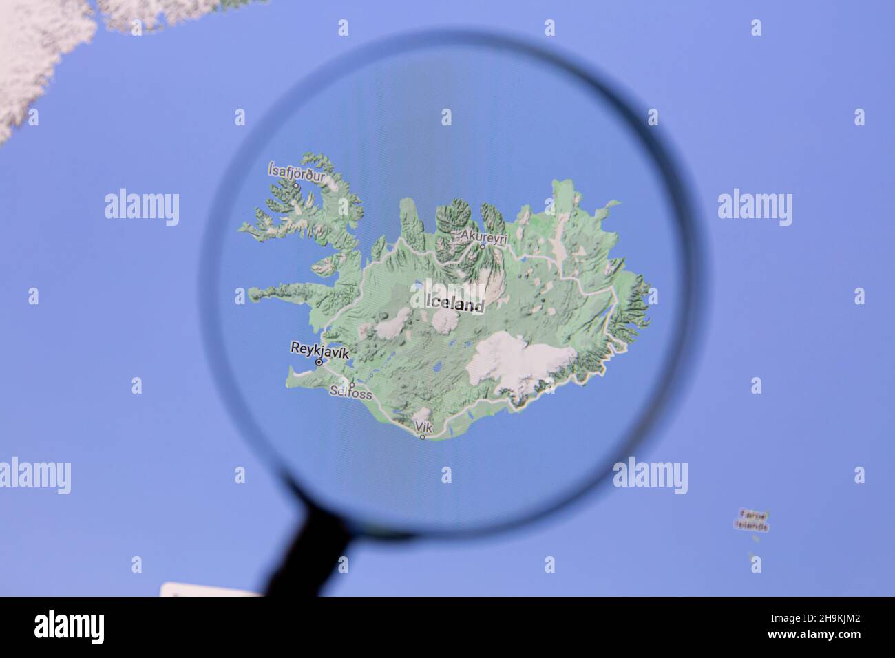Ostersund, Sweden - Sep 14, 2021: Iceland on Google Maps under a magnifying glass.. Iceland is a Nordic island country in the North Atlantic Ocean. Stock Photo