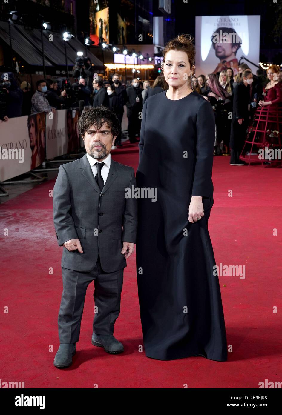 Peter Dinklage and Erica Schmidt attending the UK Premiere of Cyrano, at the Odeon Luxe, Leicester Square, London. Picture date: Tuesday December 7, 2021. Stock Photo
