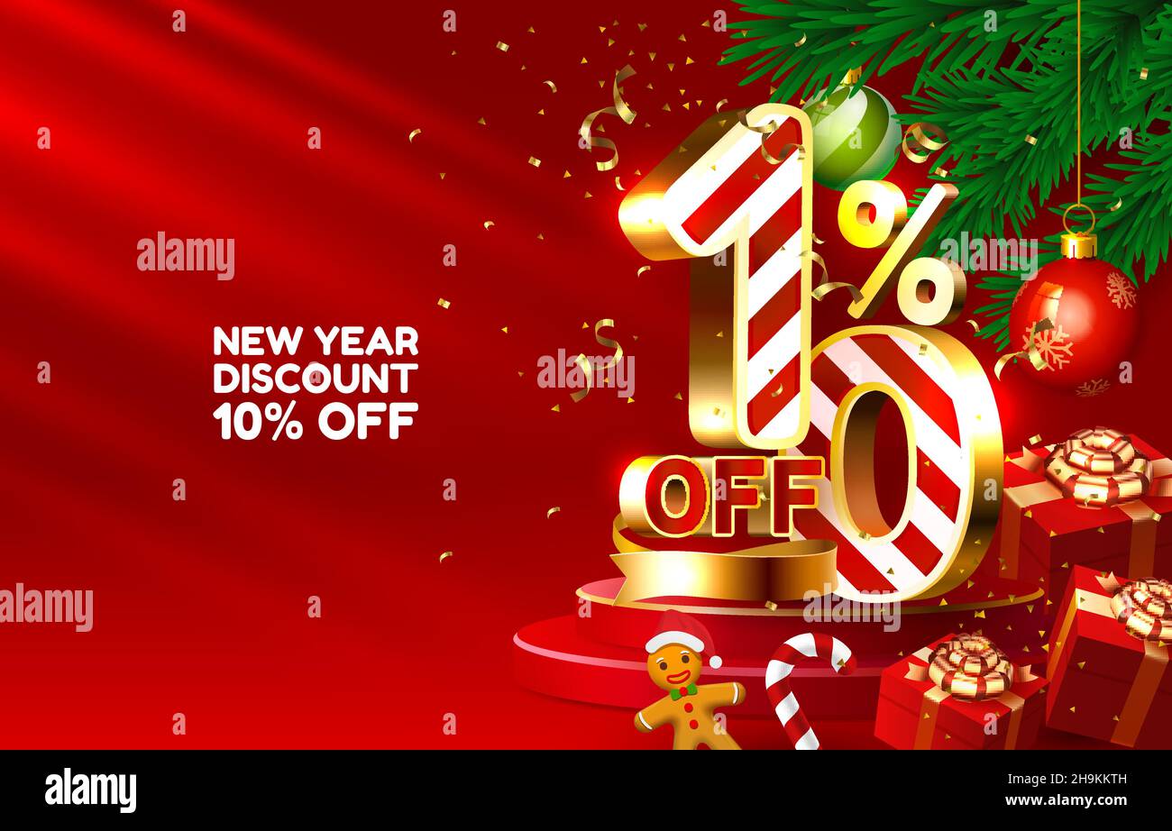 New year discount merry Christmas sale 10 off golden numbers, with gifts and Christmas decorations on the red background. Vector illustration Stock Vector