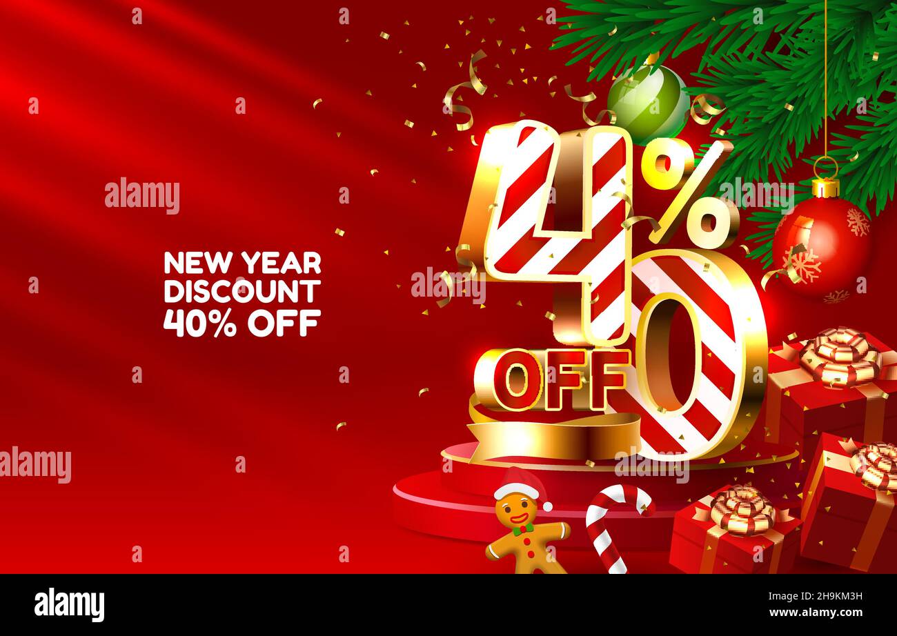 New year discount merry Christmas sale 40 off golden numbers, with gifts and Christmas decorations on the red background. Vector illustration Stock Vector