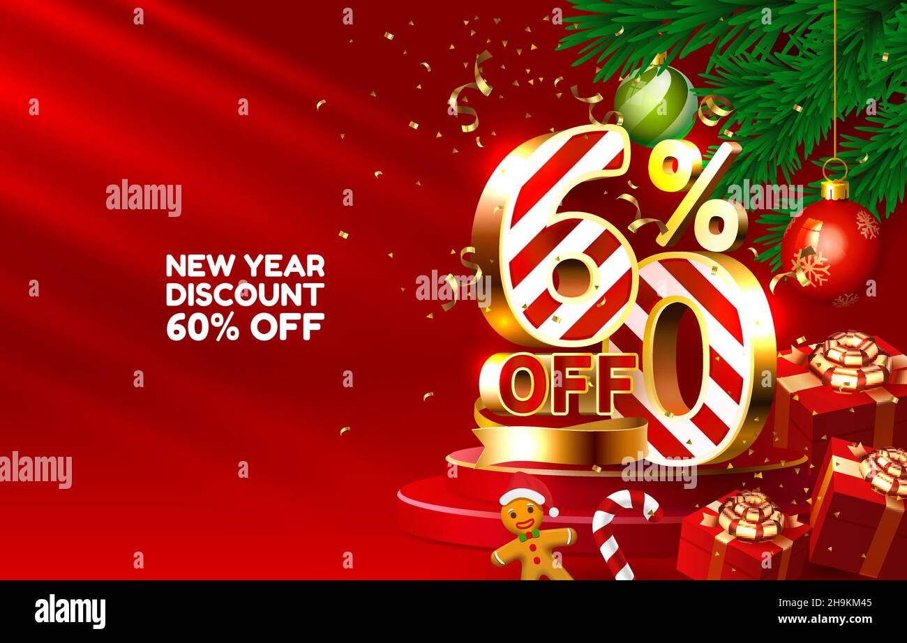 New year discount merry Christmas sale 60 off golden numbers, with gifts and Christmas decorations on the red background. Vector illustration Stock Vector