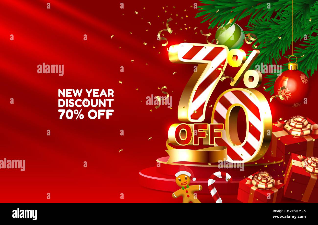 New year discount merry Christmas sale 70 off golden numbers, with gifts and Christmas decorations on the red background. Vector illustration Stock Vector