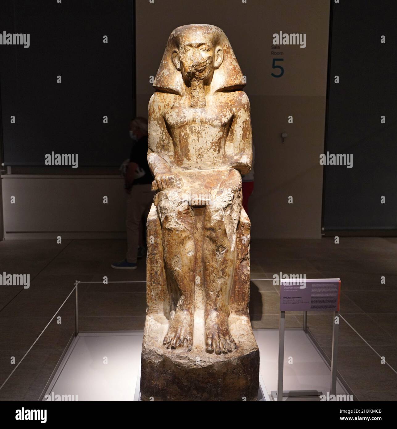TURIN, ITALY - AUGUST 19, 2021: statue of governor Uahka son of Neferhotep, Egyptian civilization, Egyptian Museum of Turin, Italy Stock Photo
