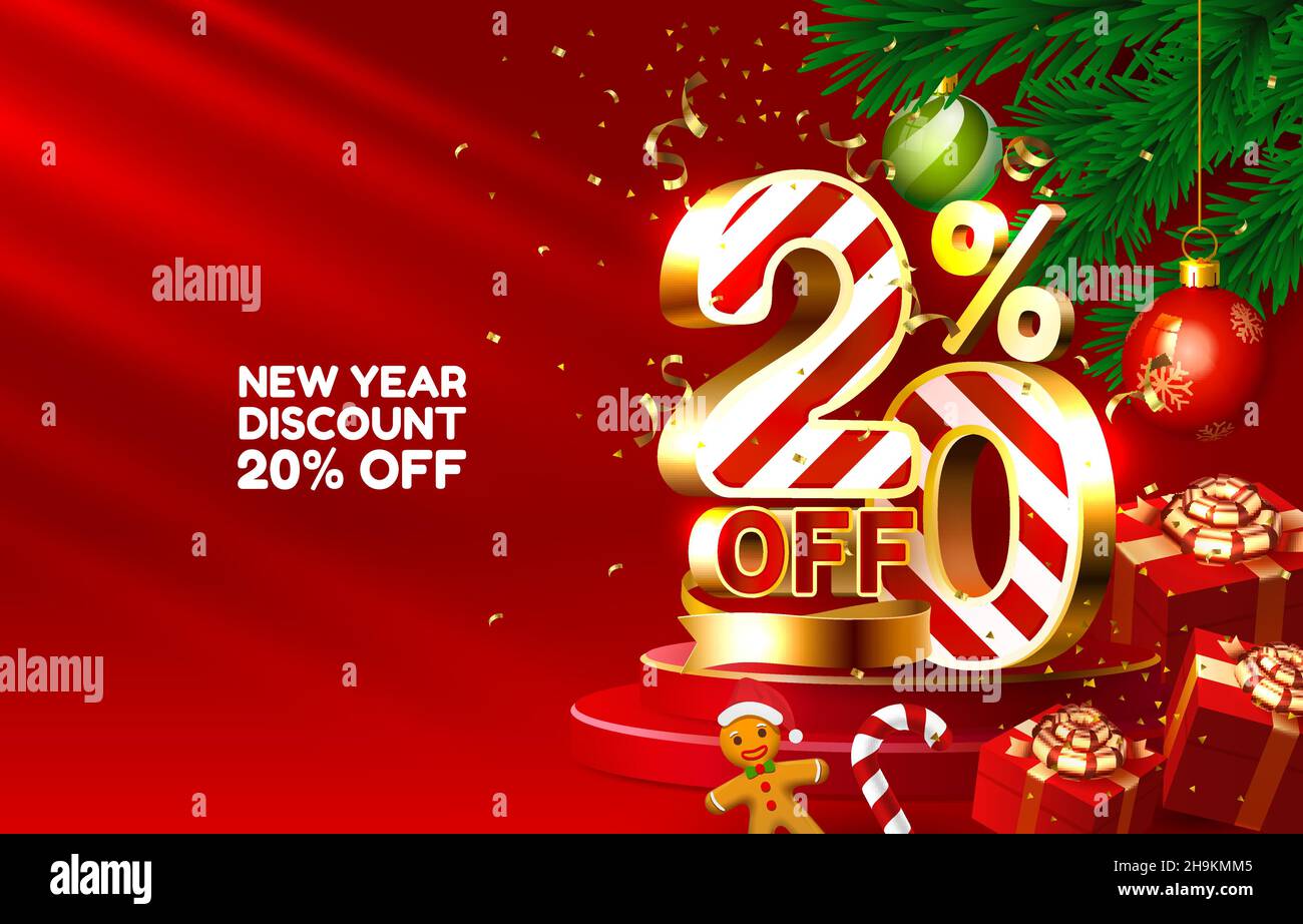 New year discount merry Christmas sale 20 off golden numbers, with gifts and Christmas decorations on the red background. Vector illustration Stock Vector