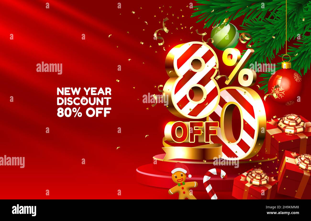New year discount merry Christmas sale 80 off golden numbers, with gifts and Christmas decorations on the red background. Vector illustration Stock Vector