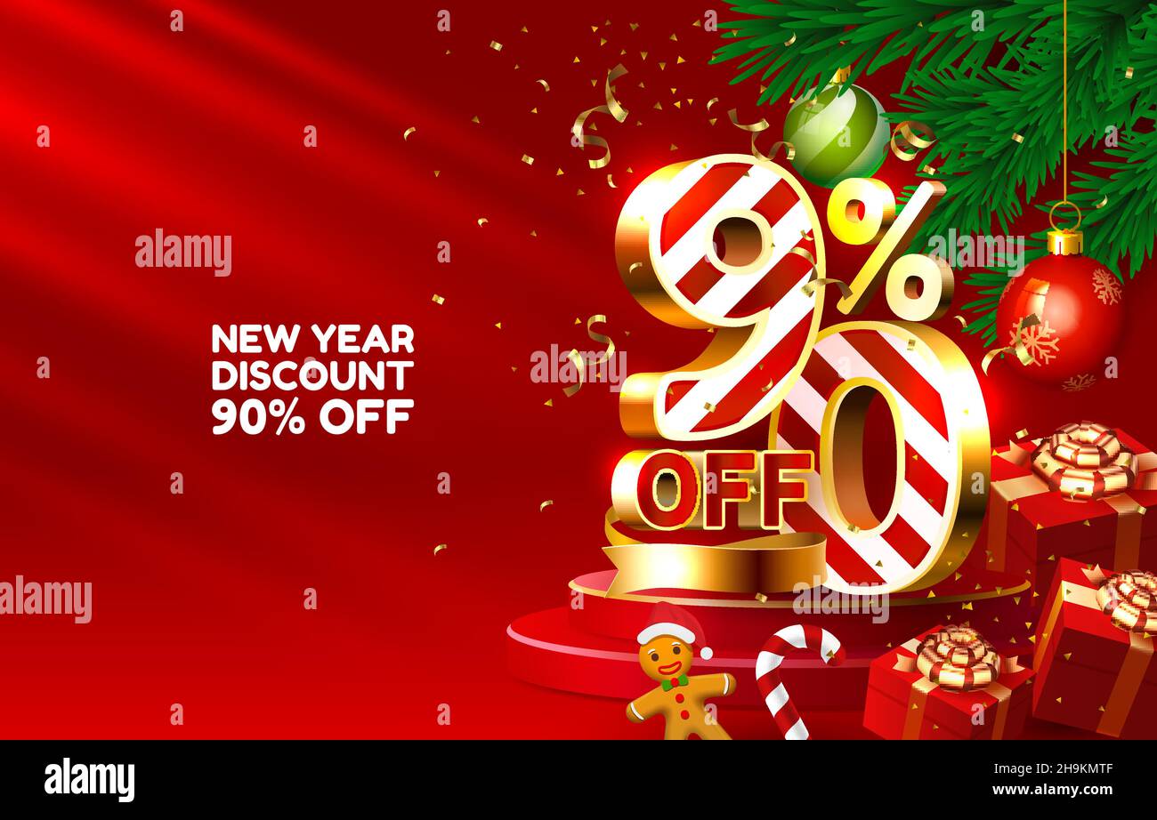 New year discount merry Christmas sale 90 off golden numbers, with gifts and Christmas decorations on the red background. Vector illustration Stock Vector
