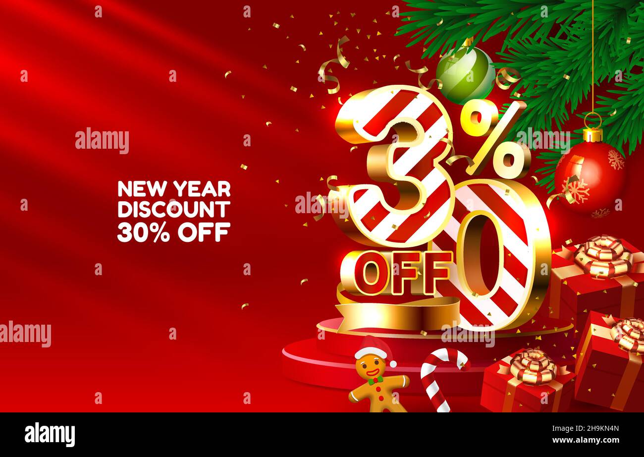 New year discount merry Christmas sale 30 off golden numbers, with gifts and Christmas decorations on the red background. Vector illustration Stock Vector