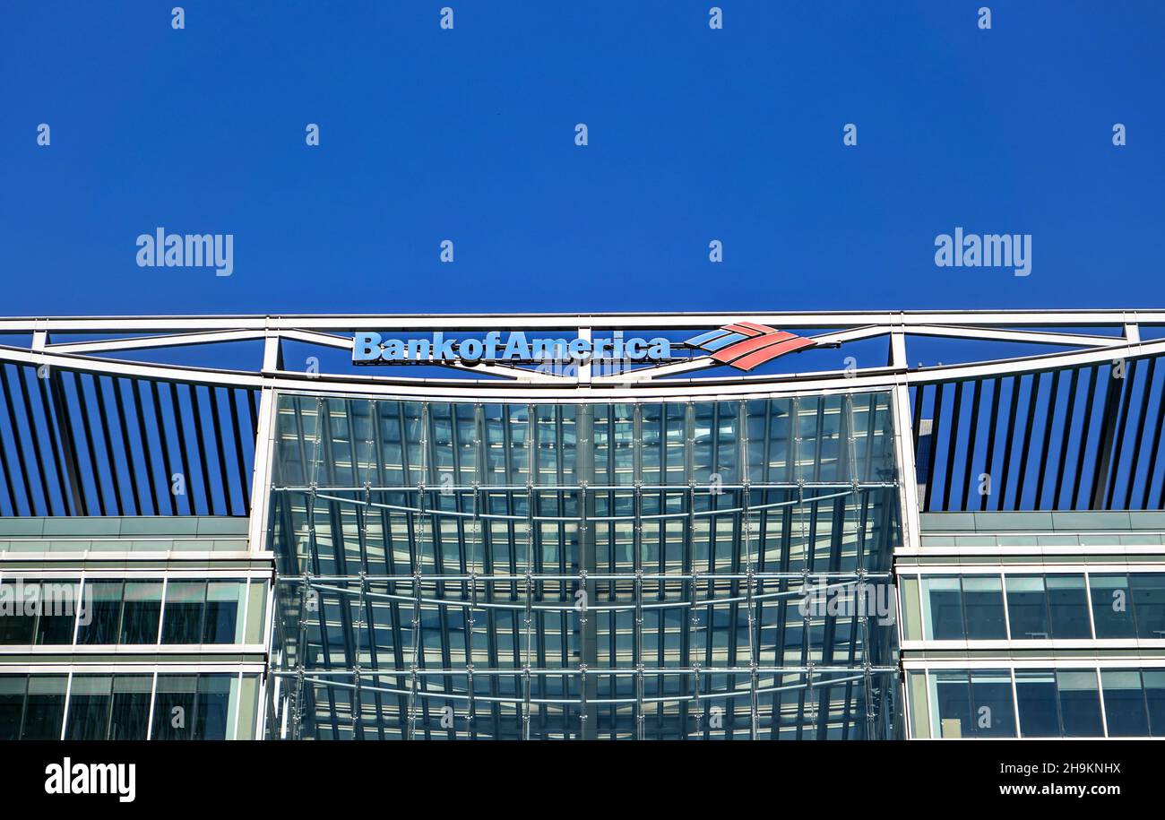 London, United Kingdom - February 03, 2019: Blue and red signage of Bank of America at their London offices in Canary Wharf. BofA is American investme Stock Photo