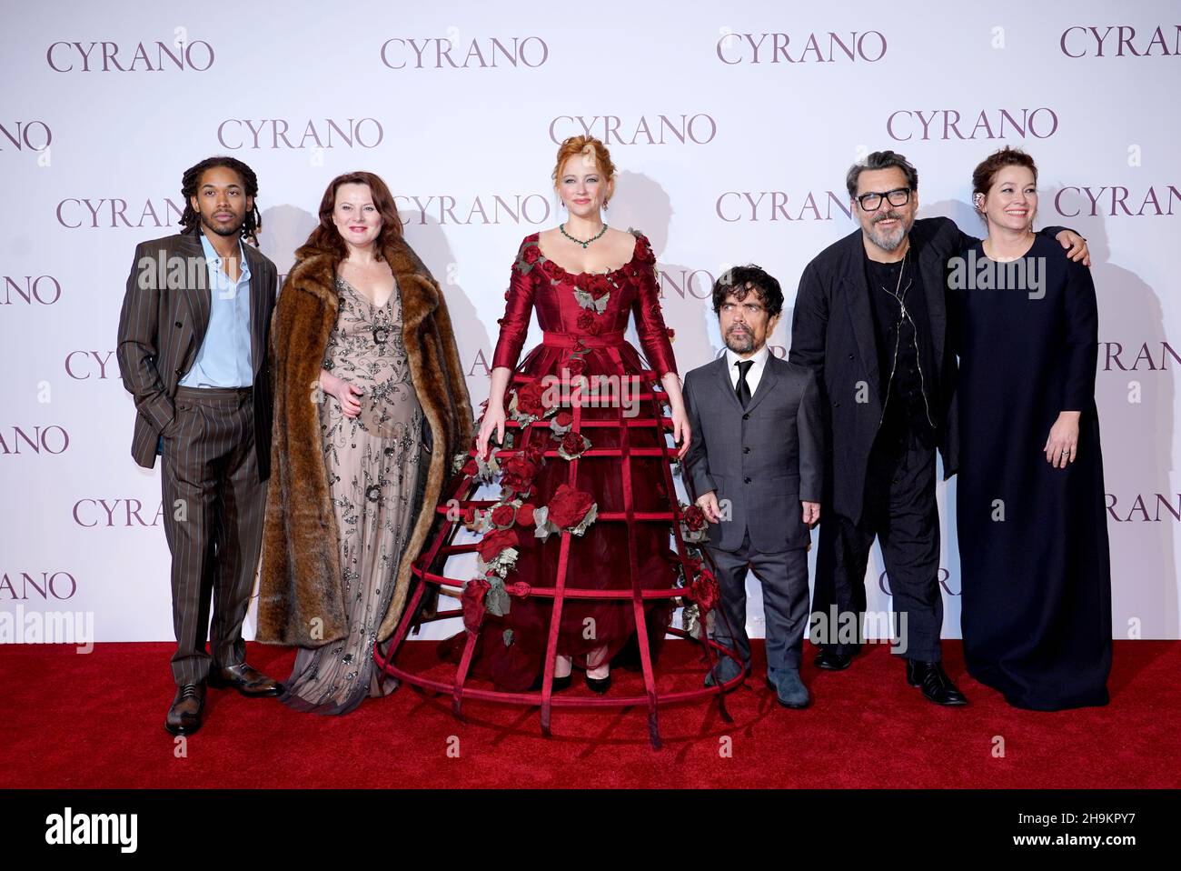 Kelvin Harrison Jr, Monica Dolan, Haley Bennett, Peter Dinklage, Joe Wright and Erica Schmidt attending the UK Premiere of Cyrano, at the Odeon Luxe, Leicester Square, London. Picture date: Tuesday December 7, 2021. Stock Photo