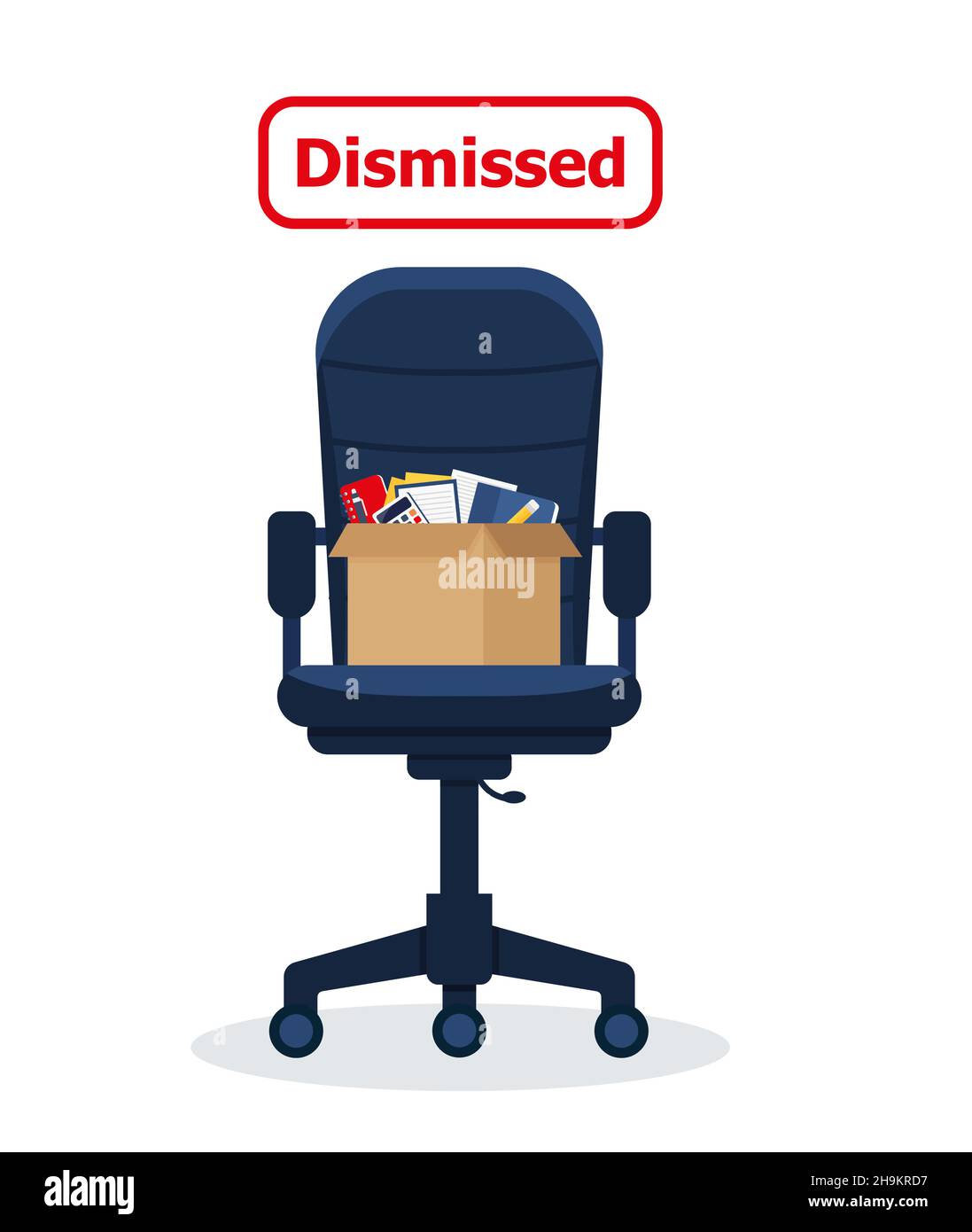 Dismissed. Business chair with box with office things. Unemployment, crisis, job cuts reduction. Loss of vacancy. Eps 10 Stock Vector