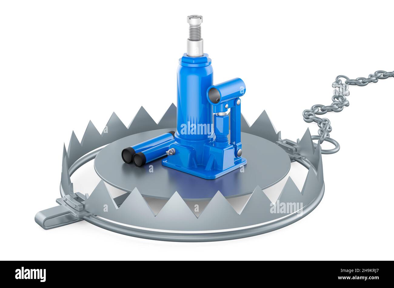Bear trap with hydraulic floor jack, 3D rendering isolated on white ...