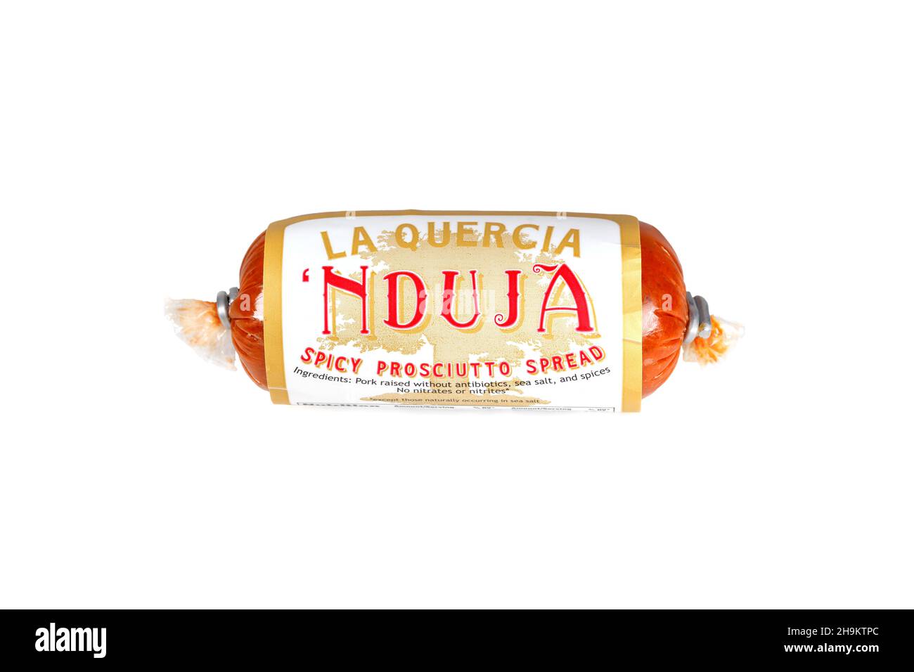 La Quercia 'Nduja Spicy Prosciutto Spread spreadable salami isolated on a white background. cutout image for illustration and editorial use. Stock Photo