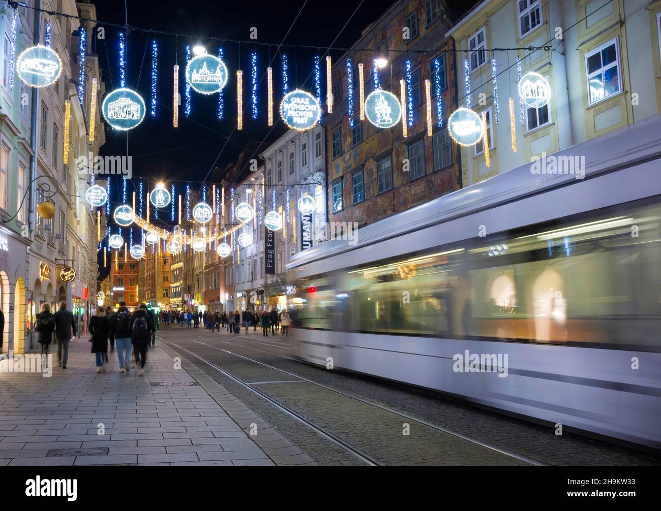 Graz, Austria-November 19, 2021: Beautiful Christmas decorations on famous Herrengasse street, at night, in the city center of Graz, Steiermark, Austr Stock Photo