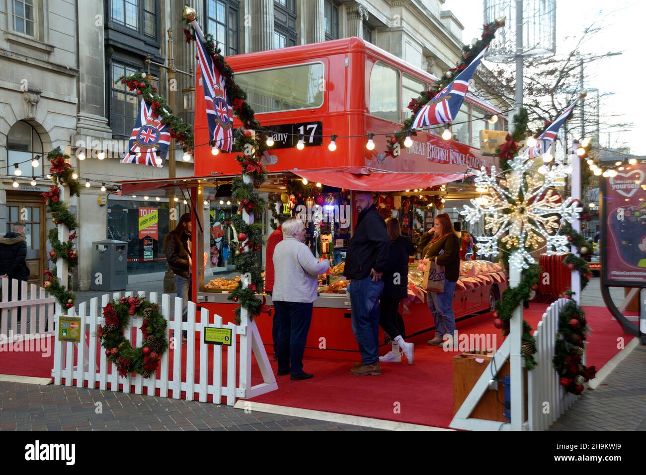 Fudge stall, in double decker bus, at Nottingham, Christmas fair. Stock Photo