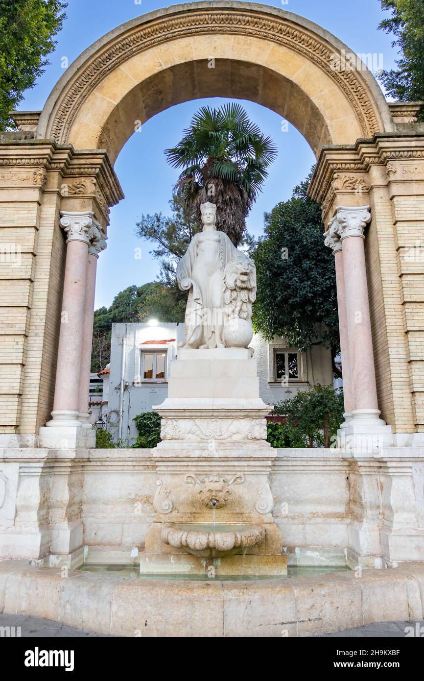 Fuente de Hispania, monumental fountain that served as access to María Luisa Park in Seville, Andalusia, Spain Stock Photo