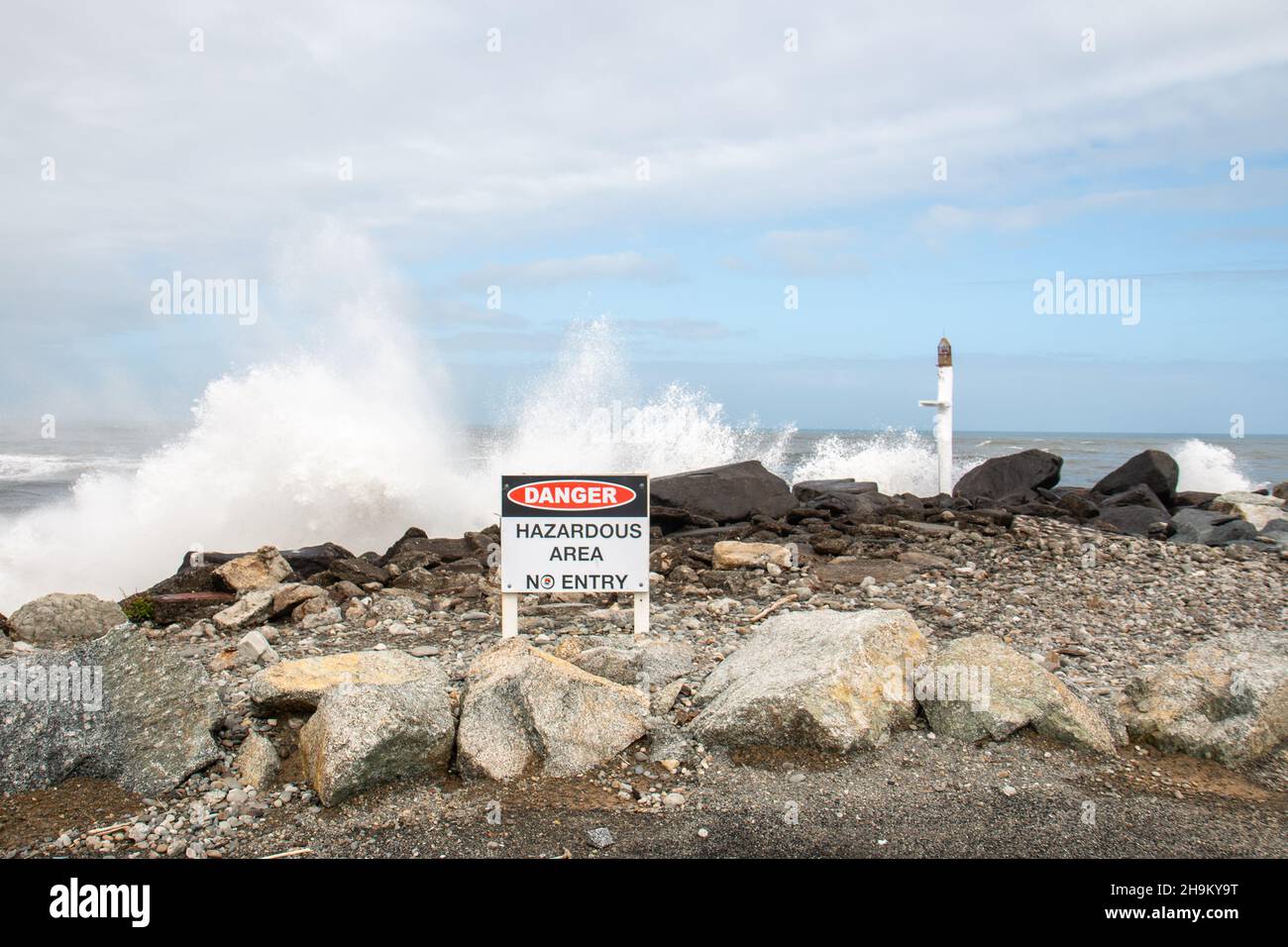Danger Hazardous Area sign at Shipwreck Point, Northern Breakwater, greymouth, South Island, new zealand Stock Photo