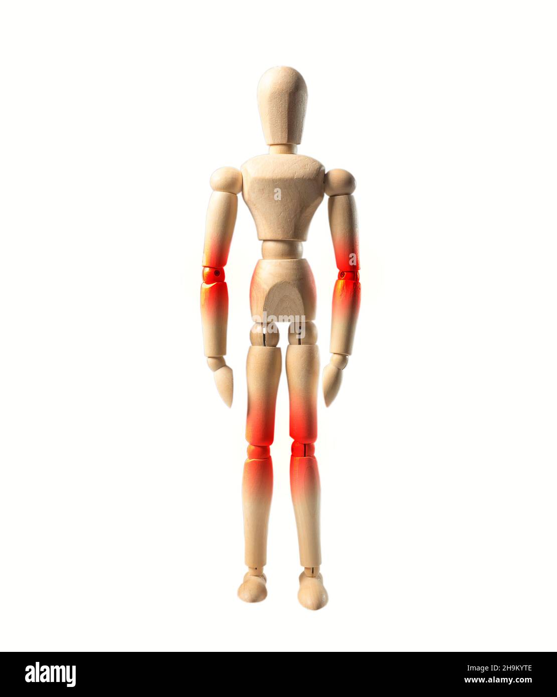 Joints ache concept. Person with red pain in elbow and knee. Wood