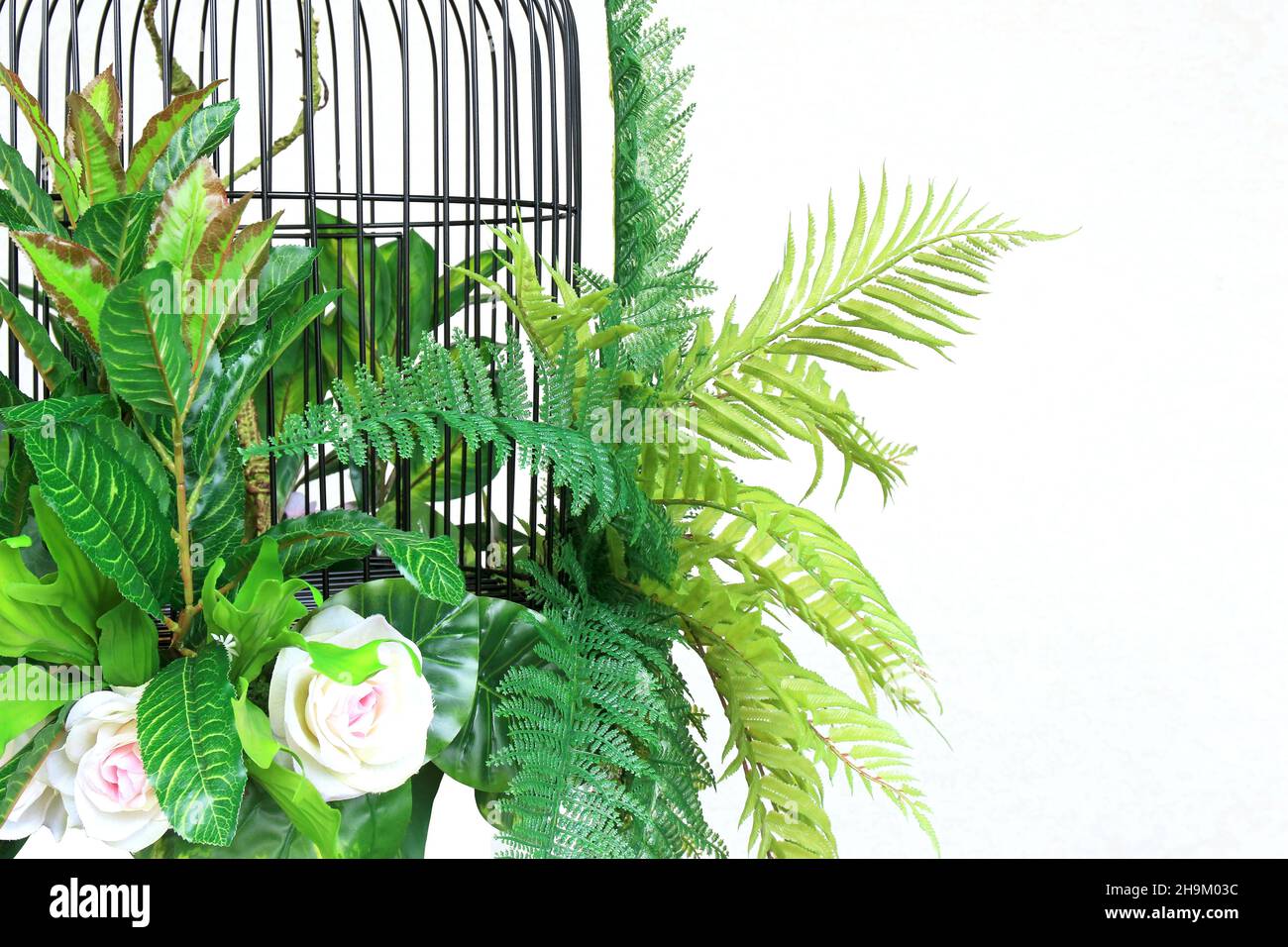 colorful flower and green paln leaves  in cage hanging decoration Stock Photo