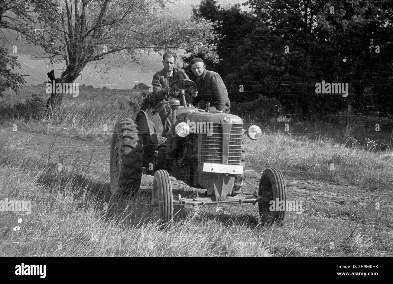 Warszyn, 1948-09. Brygada Traktorowa Zwi¹zku M³odzie¿y Polskiej pomaga w pracach polowych w maj¹tku Pañstwowych Nieruchomoœci Ziemskich (PNZ) w Warszynie. Nz. traktorzyœci na czeskim traktorze Zetor 25. msa PAP Dok³adny dzieñ wydarzenia nieustalony. Warszyn, Sept. 1948. The Polish Youth Union Tractor Brigade helping in field work at the State Landed Property (PNZ) estate in Warszyn. Pictured: tractor drivers on the Czech Zetor 25 tractor. msa PAP Stock Photo