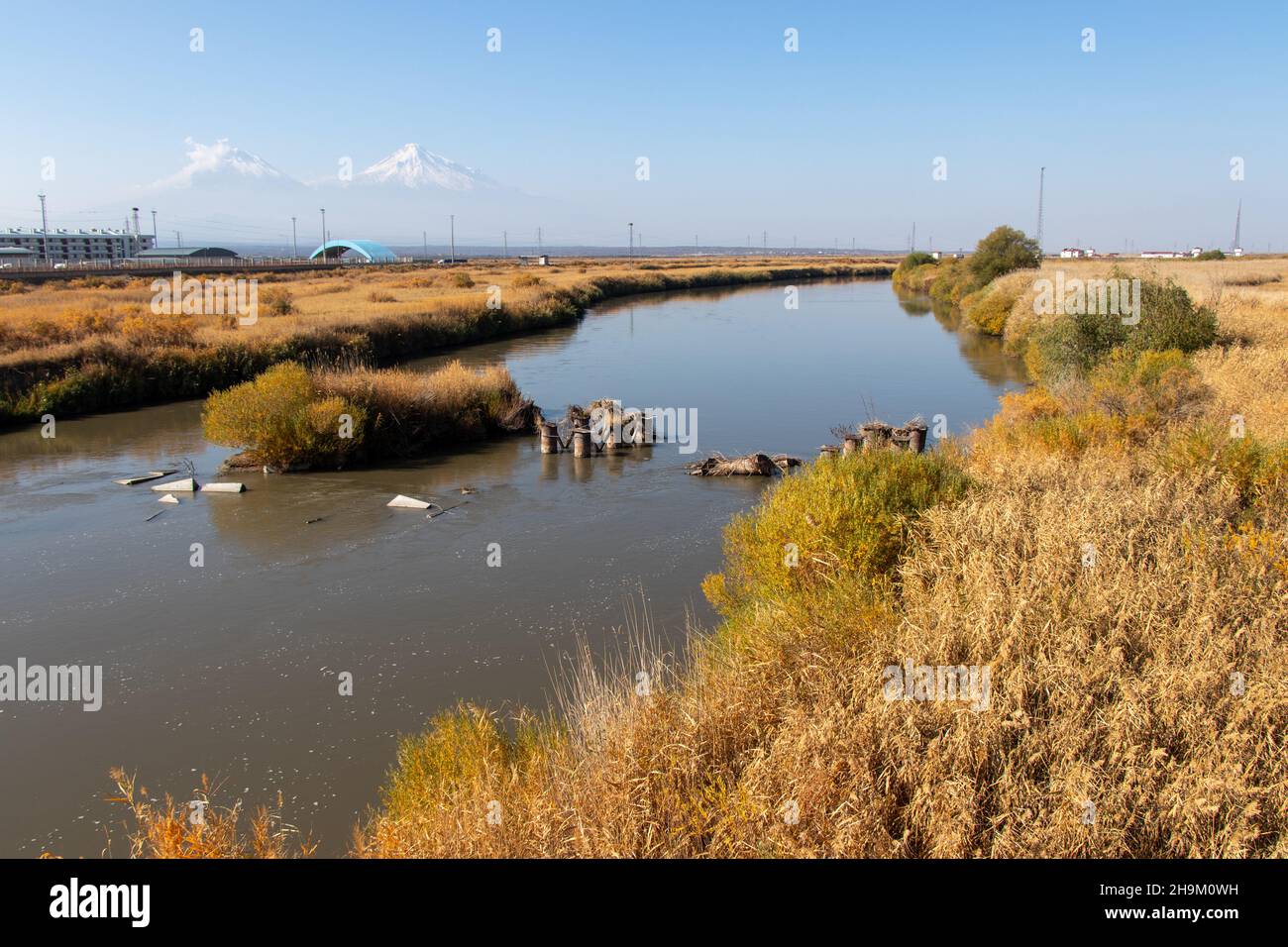 Aras river between Nakhchivan and Turkey. The famous river of Aras Stock Photo