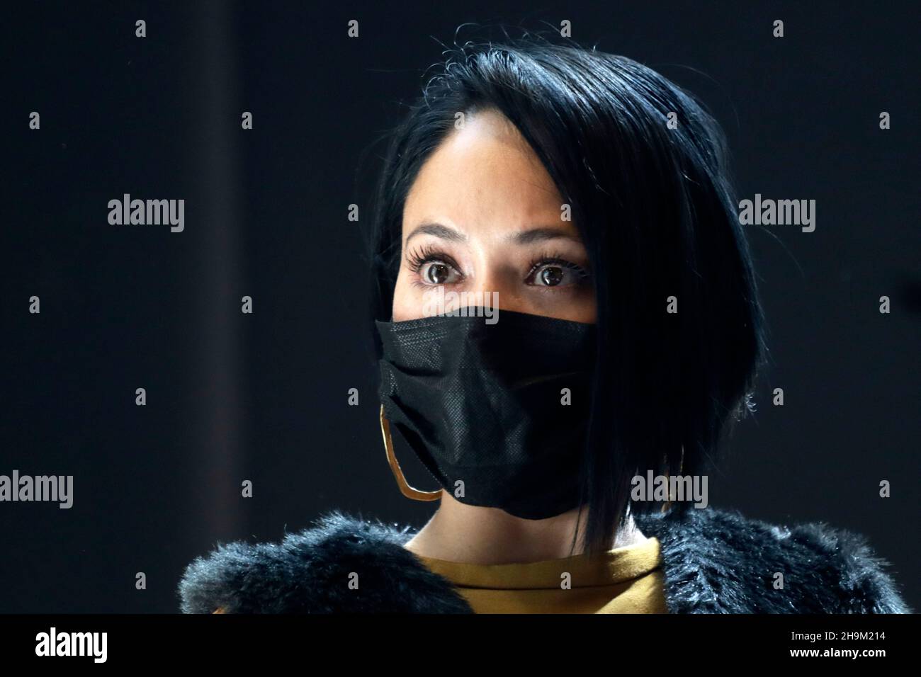Non Exclusive: MEXICO CITY, MEXICO - DECEMBER 6, 2021: Actress and producer Maya Zapata, speaks during a press conference to promote  the First Power Stock Photo