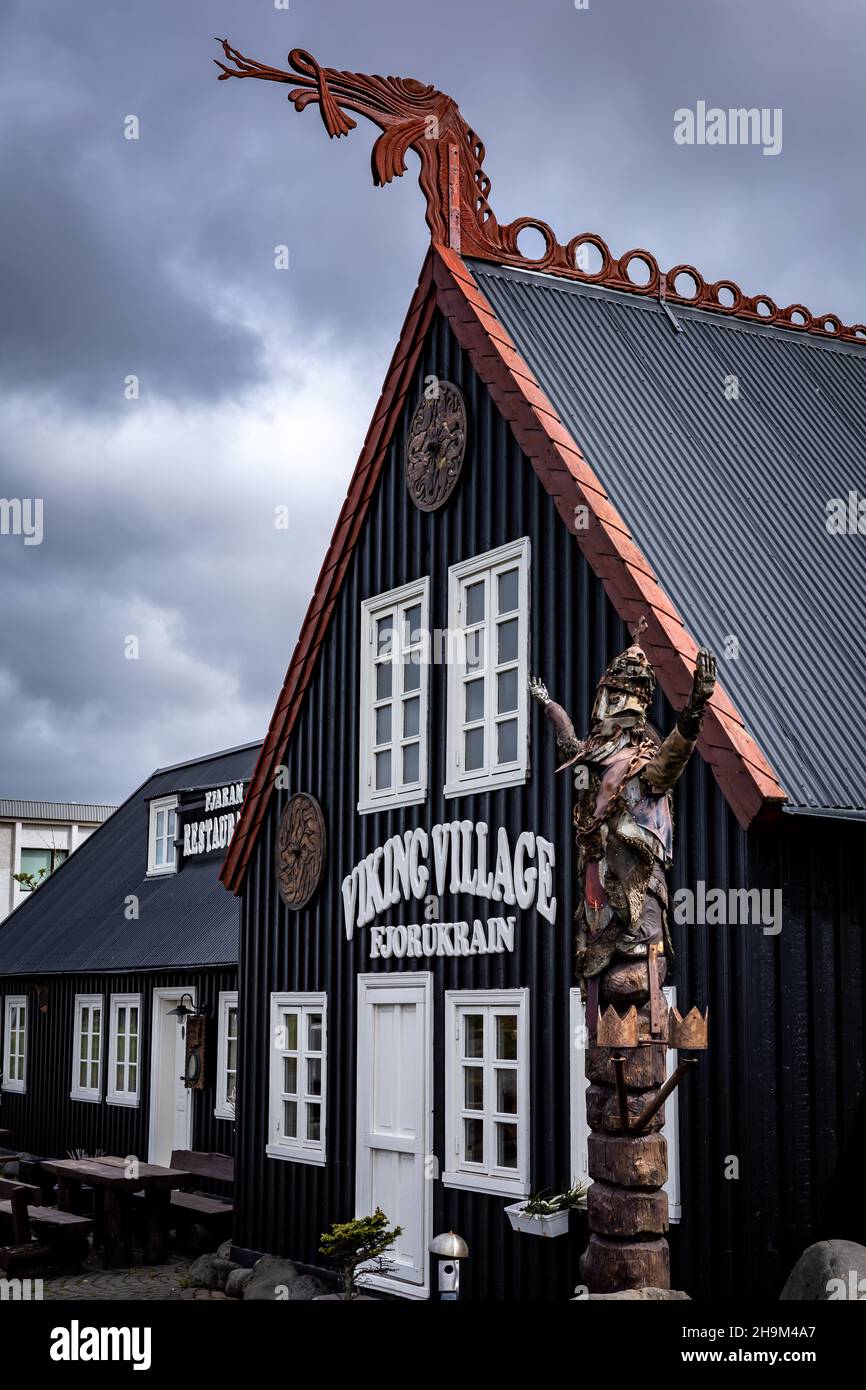 Hafnarfjordur, Iceland - July 17, 2021: A facade of the Viking hotel in Hafnarfjordur town. Traditional, viking style wooden architecture. Stock Photo