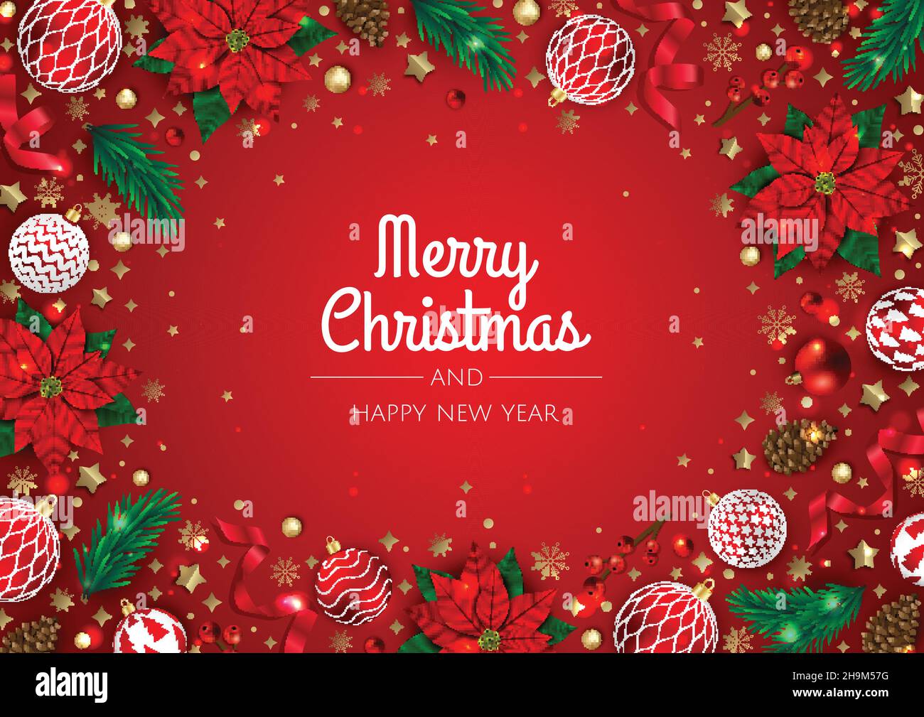Merry Christmas and Happy New Year. Xmas background with poinsettia ...