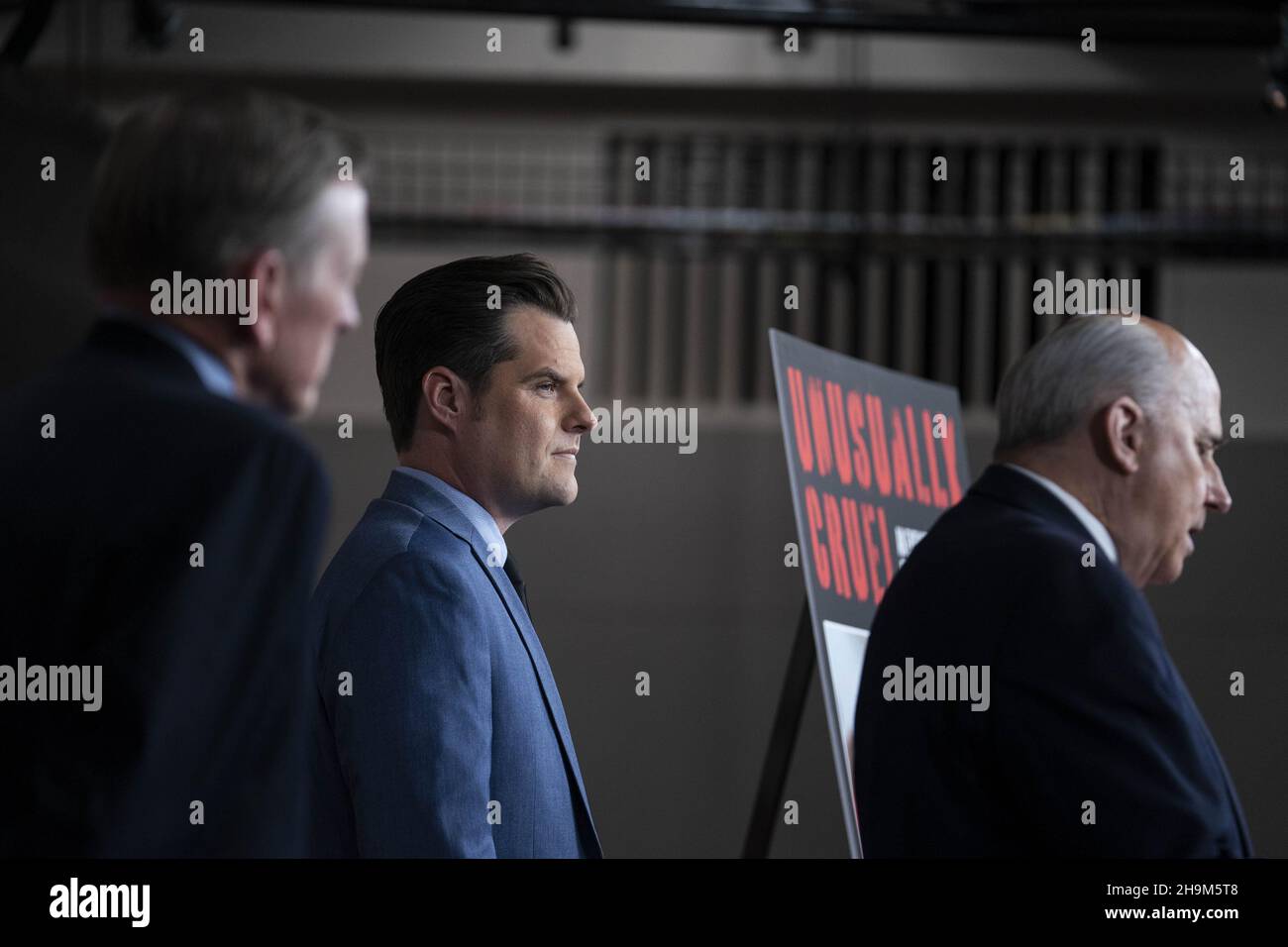 Washington, United States. 07th Dec, 2021. Rep. Matt Gaetz, R-FL, listens during a news conference at the US Capitol in Washington, DC on Tuesday, December 7, 2021. The group of Republican House members are calling for the January 6th defendants to be released from DC jail. Photo by Sarah Silbiger/UPI Credit: UPI/Alamy Live News Stock Photo