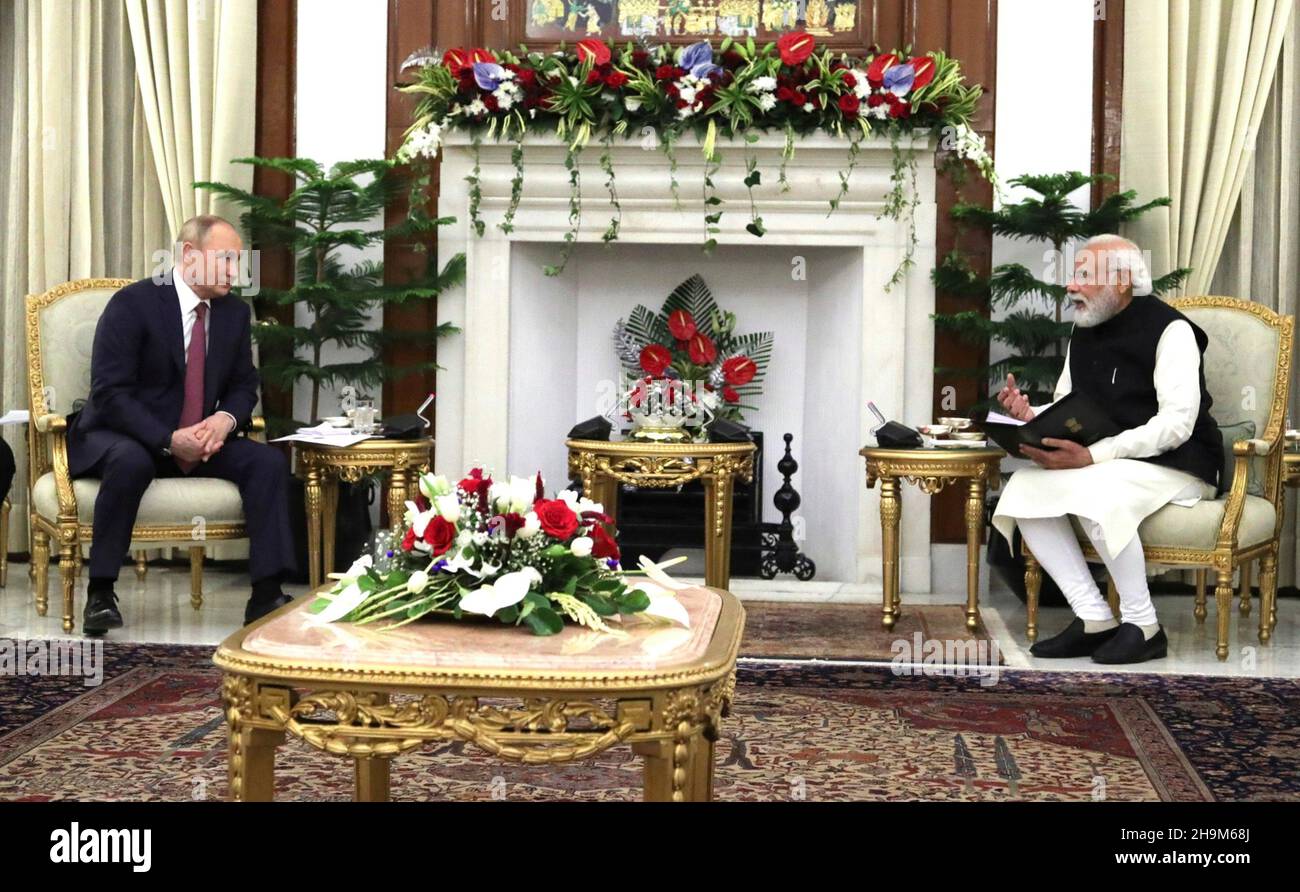 New Delhi, India. 06 December, 2021. Indian Prime Minister Narendra Modi, right, during a bilateral meeting with Russian President Vladimir Putin, at Hyderabad House, December 6, 2021 in New Delhi, India.  Credit: Mikhail Klimentyev/Russian Government/Alamy Live News Stock Photo