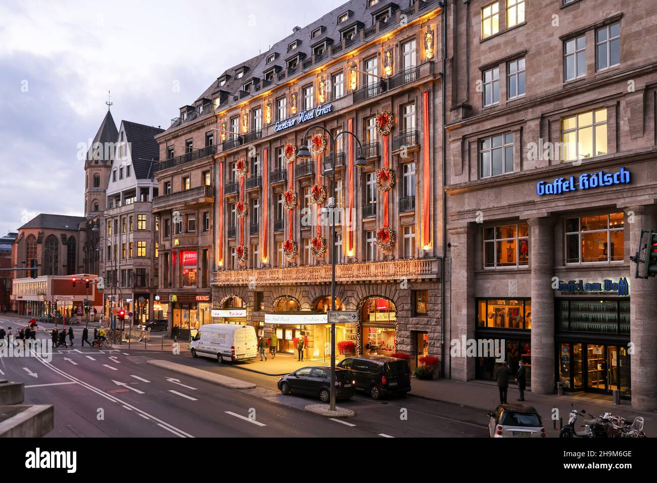 Historical hotel building in Cologne decorated for Holiday season Stock Photo