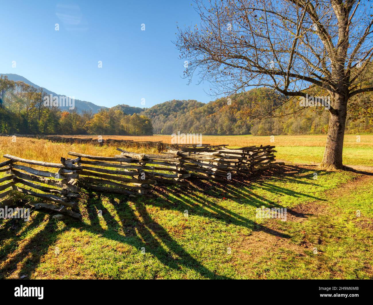 19th century Mountain Farm Museum at the Oconaluftee Visitors Center in the Great Smoky Mountains National Park in North Carolina USA Stock Photo