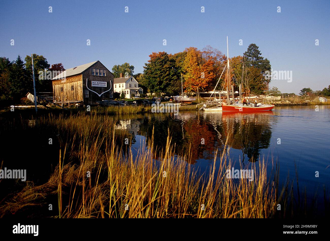 H.A. Burnham Boat Building on the Essex River, Essex, Massachusetts, USA Stock Photo