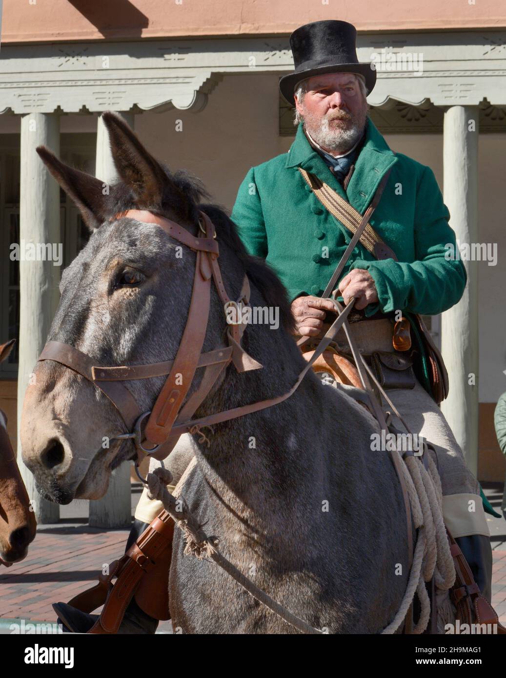 A reenactor portrays trailblazer William Becknell at a reenactment of the 1821 opening of the Santa Fe Trail in Santa Fe, New Mexico. Stock Photo