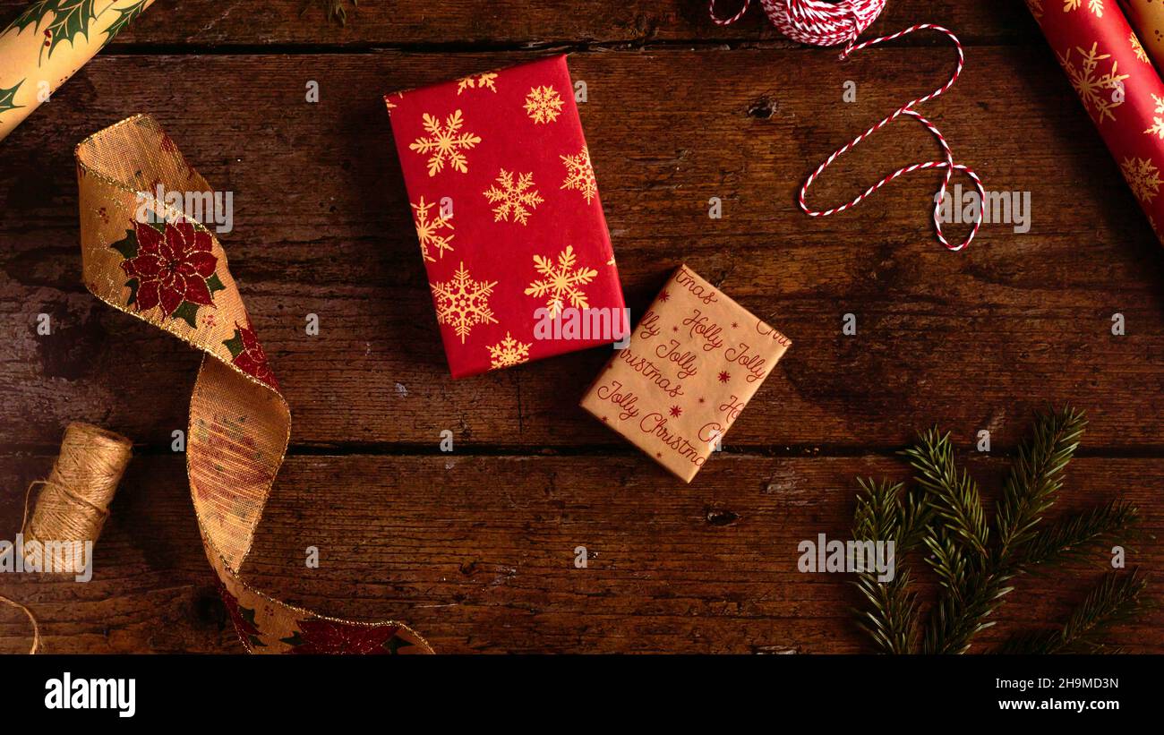 Christmas Festive Gift Wrapping Flatlay Layout Eco gift boxes natural